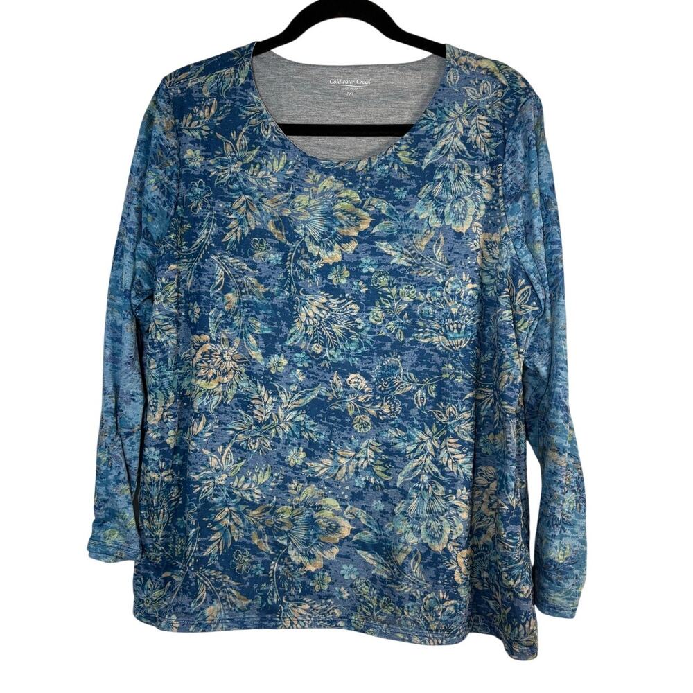 Coldwater Creek Blue Floral Top 3/4 Sleeve Blouse Casual Knit Plus Size P XL